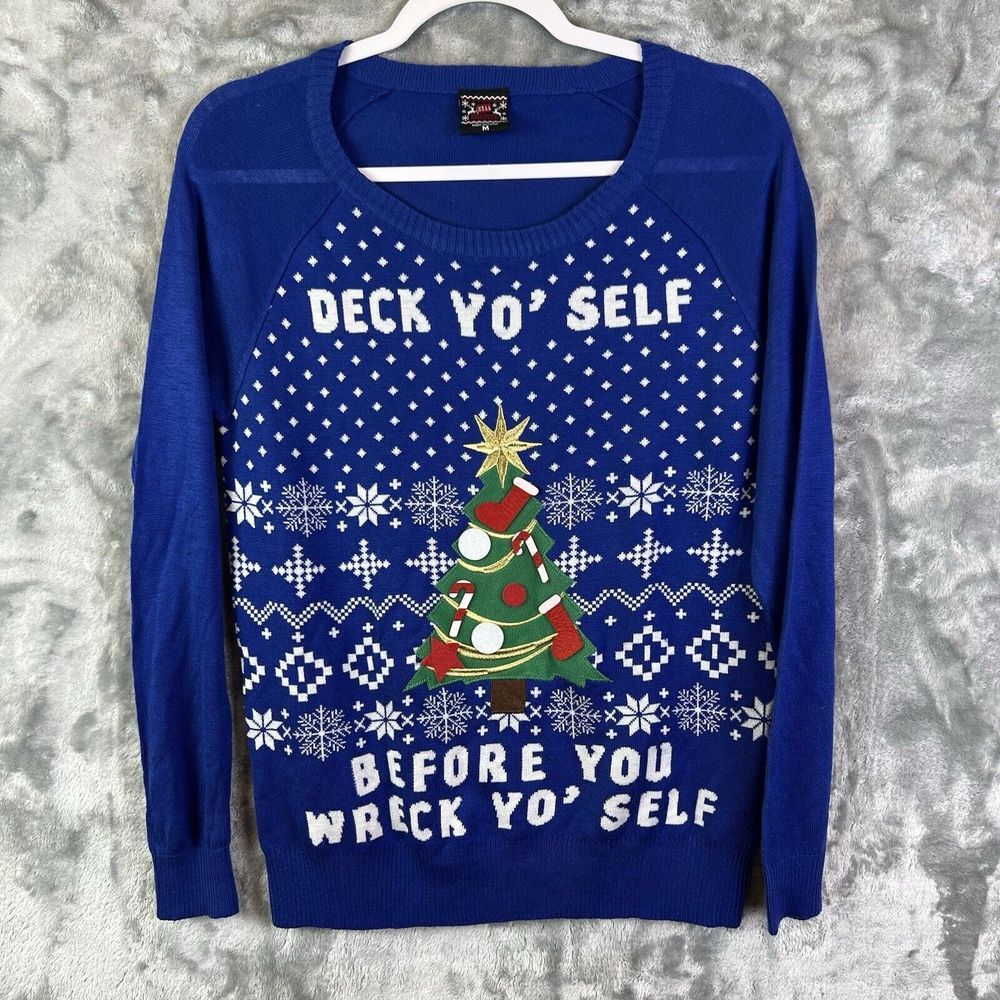 Ugly Christmas Sweater Deck Yo Self Before You Wreck Yo Self  Funny Medium Blue